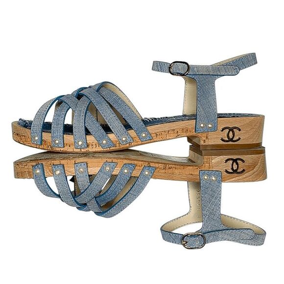 Chanel Fantasy Blue Calf Leather CC Logo Wooden Platform Sandals EU 38 US 7-7.5 - Picture 8 of 11